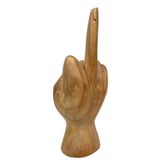 Carved Wooden Flipping The Bird Hand Gesture Statue Natural Finish Home Decor - Picture 2 of 10